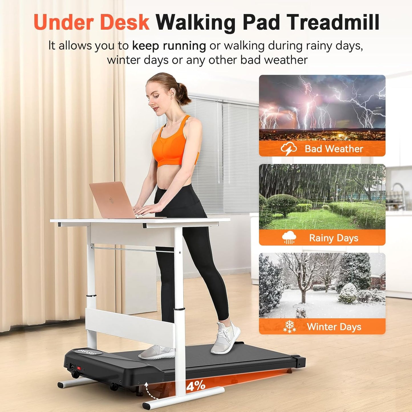 THERUN 2.5HP Walking Pad with Incline, Portable Treadmill for Home and Office, 265lbs Capacity