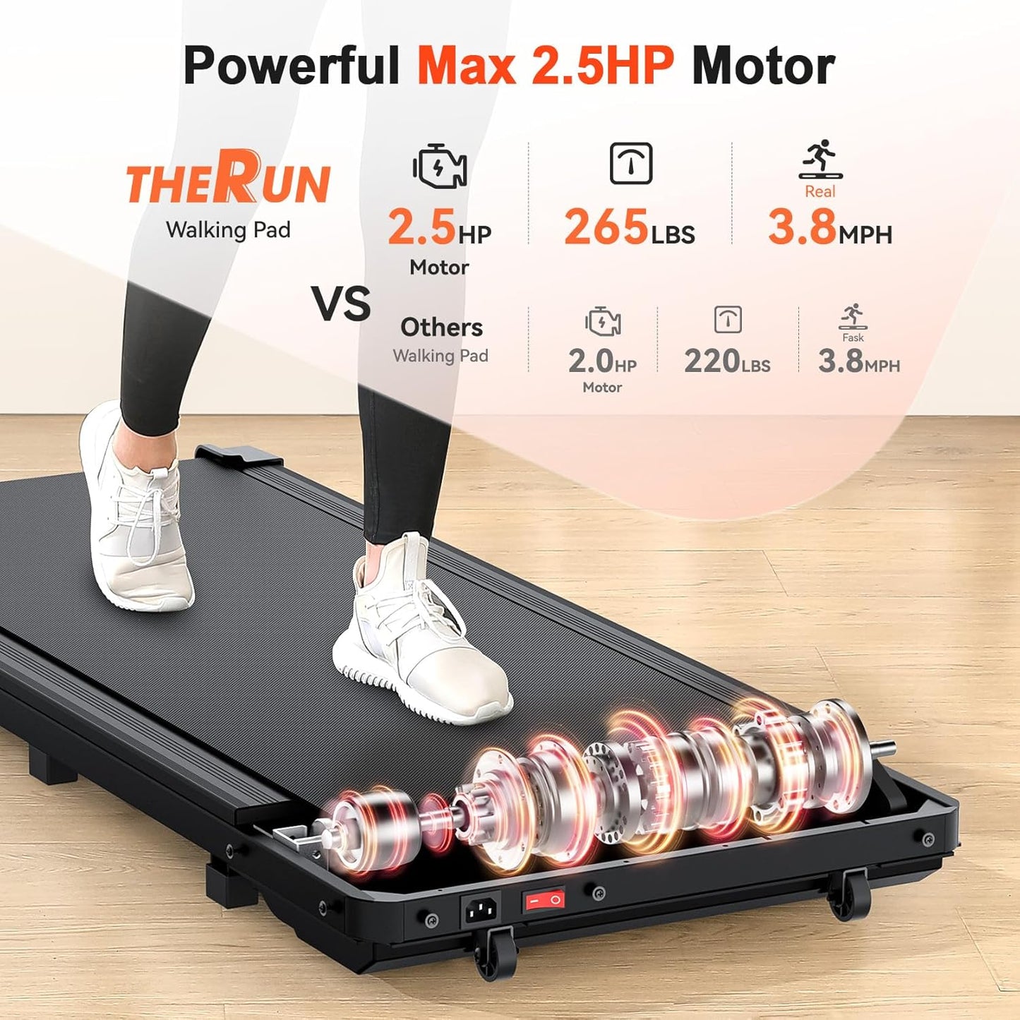 THERUN Under Desk Walking Pad Treadmill, 2.5HP, 265lbs Capacity, LED Display
