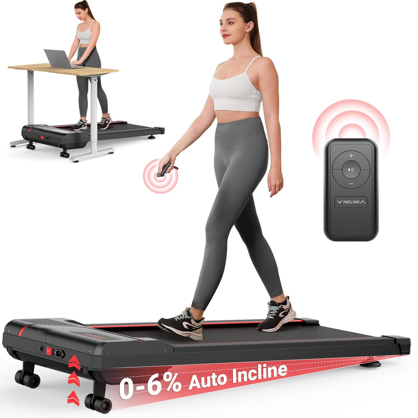 THERUN Auto Incline Walking Pad, 6 Levels, 300lbs Capacity, Under Desk Treadmill with LED Display