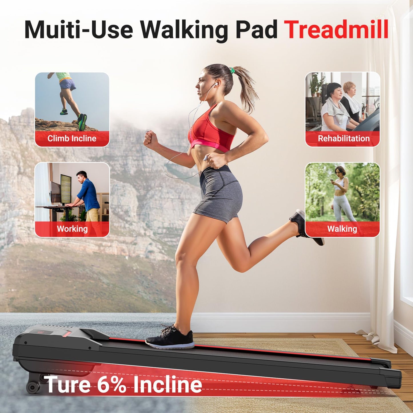 THERUN Auto Incline Walking Pad, 6 Levels, 300lbs Capacity, Under Desk Treadmill with LED Display