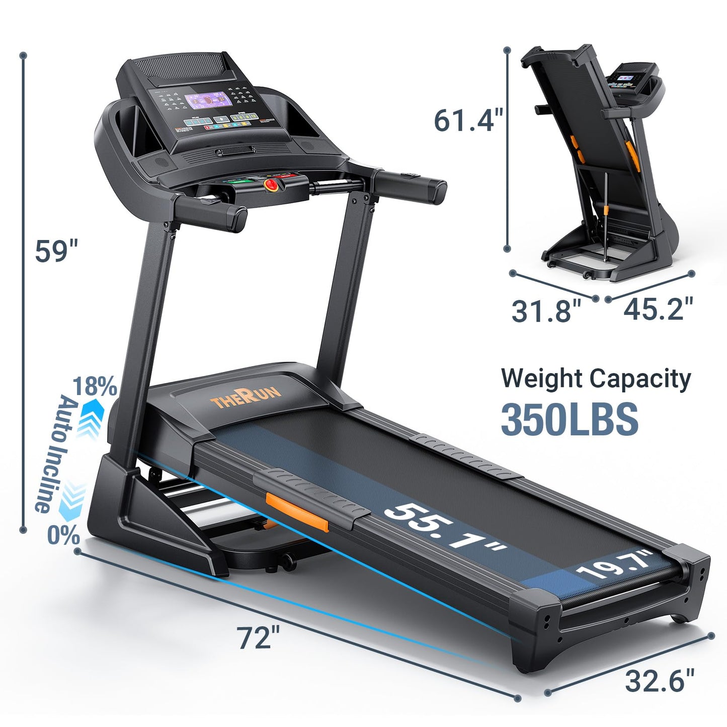 THERUN 3.5HP Foldable Treadmill, Auto Incline 0-18% for Home Use