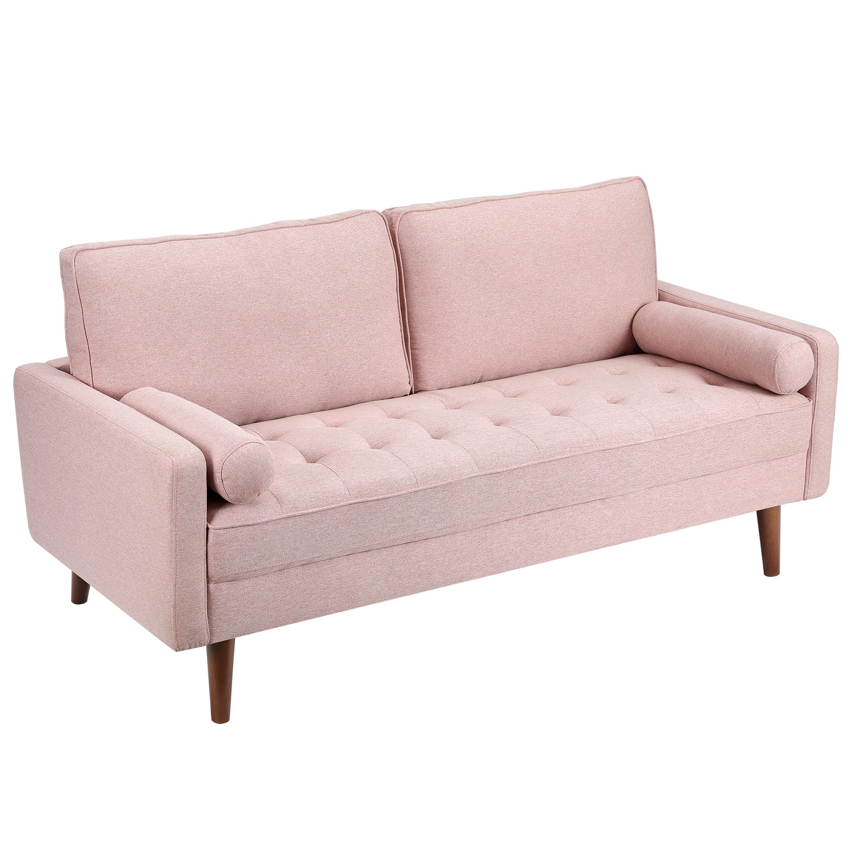 Koorlian Small Sofa Couch, 2 Seater Fabric Loveseat, Mid Century Modern Couches for Living Room, Button Tufted Seat Cushion, Square Armrest, 2 Throw Pillows, Fit for Small Spaces, Dorm, Apart, Pink