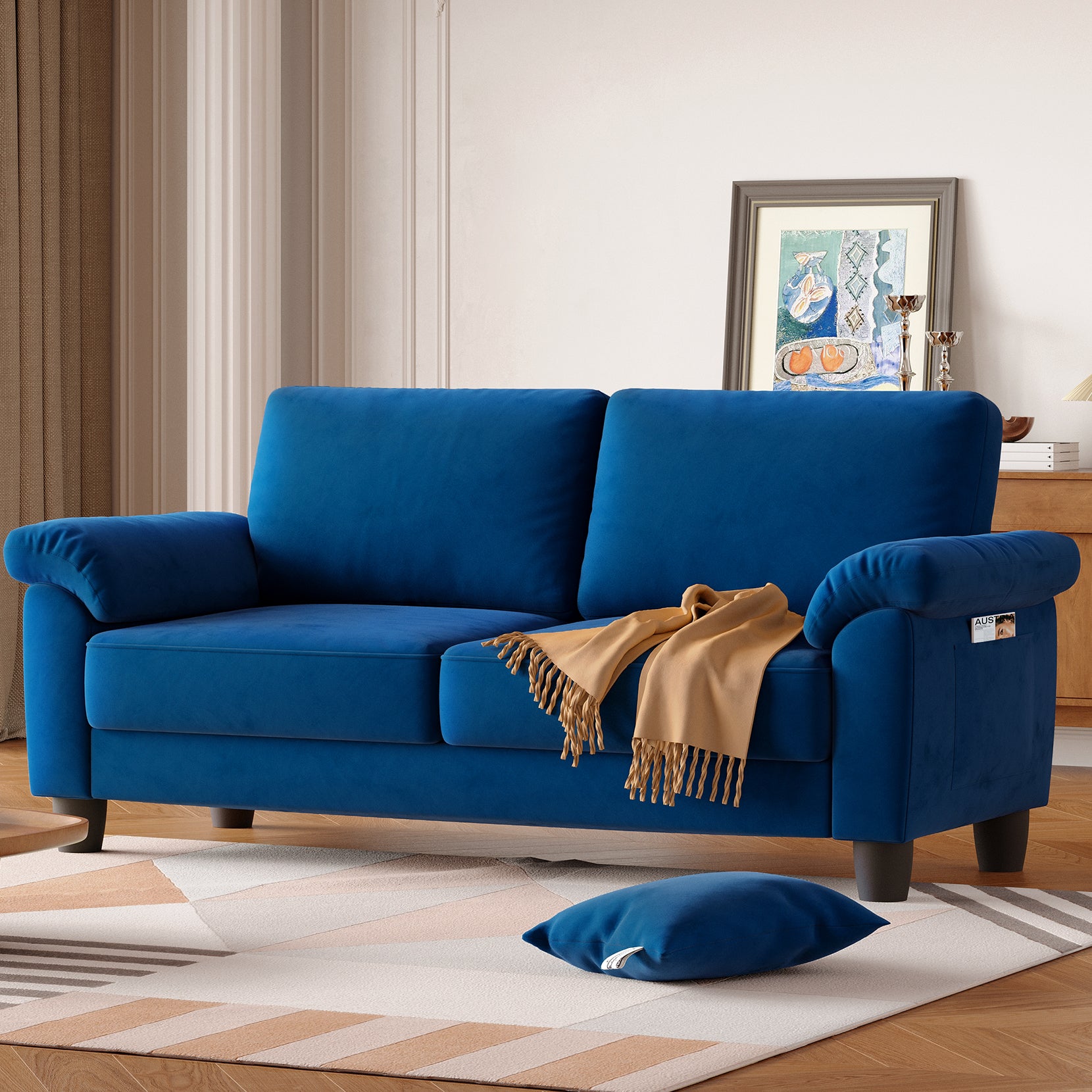 Koorlian 70" Loveseat Sofa, Mid Century Modern Couch with Storage Bag, Velvet Deep Couches for Small Spaces, Living room,Bedroom, Apartment, Office, Removable Sofa Cover Spring Cushions, Easy to Install, Blue