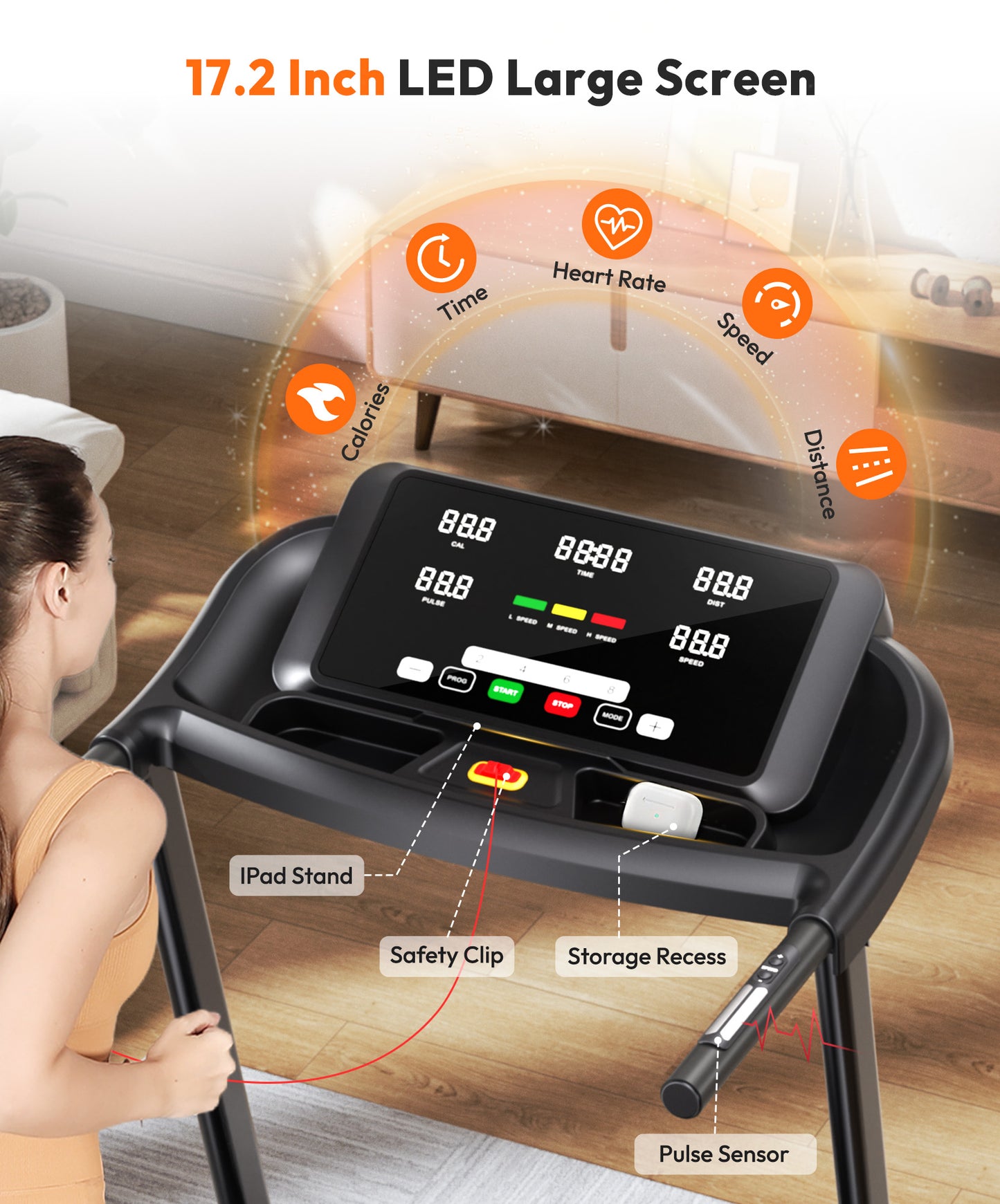 THERUN  Incline Treadmill, Running Treadmills with Incline, Foldable Treadmills Heart Rate Sensors, 18″LED Display Manual  Adjustment, 3.0HP Treadmill for Indoor Fitness Workouts