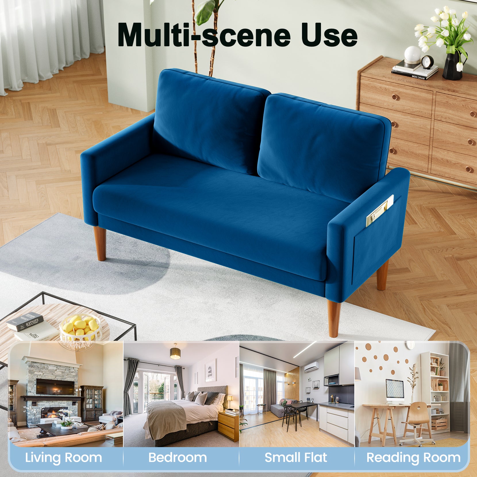 Koorlian Loveseat Sofa, 55" Small Sofa Couch Mid Century Modern Velvet Couch for Small Spaces, Bedroom and Living Room, Removable Sofa Cover Spring Cushions and Solid Wood Frame, Easy to Install, Blue