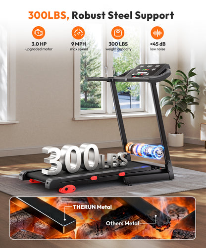 THERUN  Incline Treadmill, Running Treadmills with Incline, Foldable Treadmills Heart Rate Sensors, 18″LED Display Manual  Adjustment, 3.0HP Treadmill for Indoor Fitness Workouts