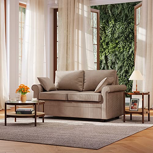 Koorlian Loveseat Sleeper Sofa Bed, Corduroy Pull Out Mattress Couch, 2 in 1 Sleeper Sofa with Memory Foam, 2 Seater Sofa for Living Room, Brown