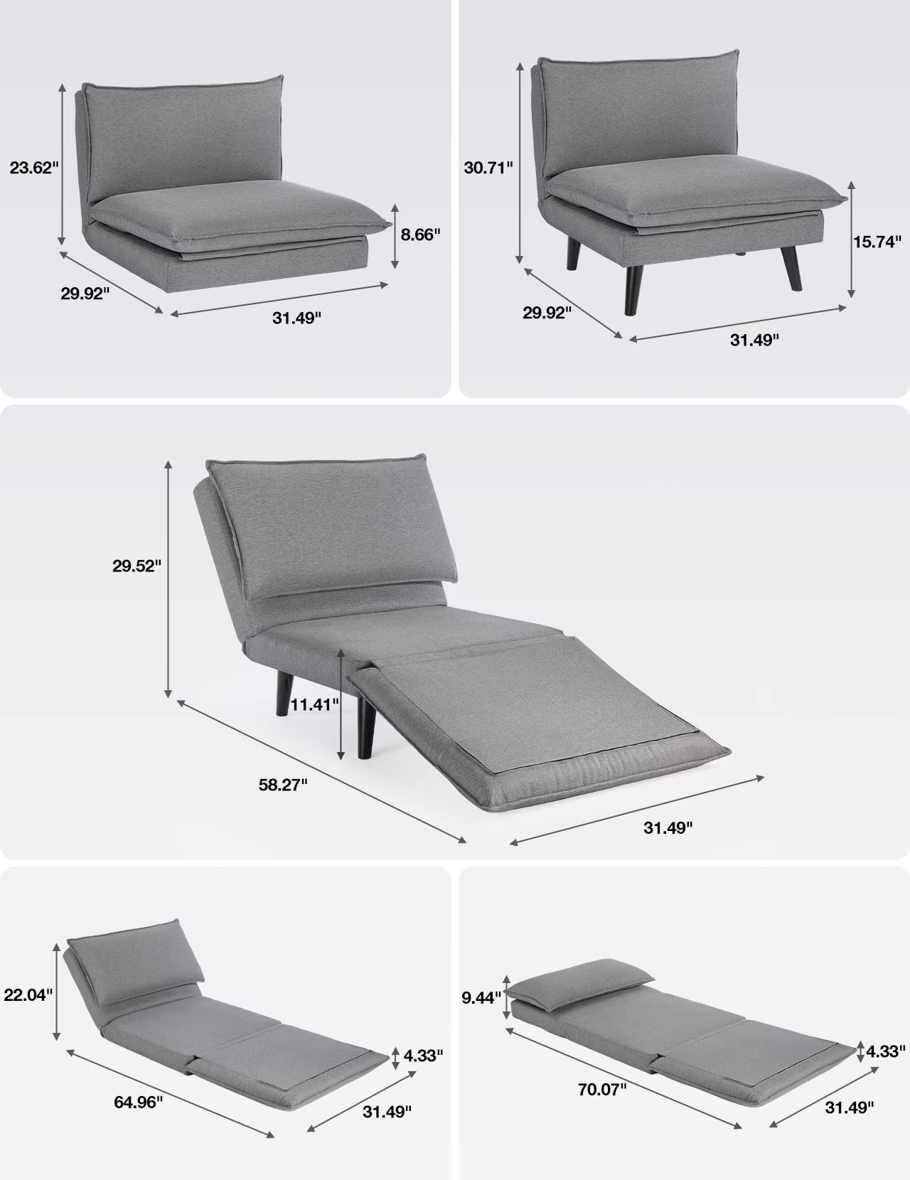 Koorlian Convertible Chair Bed, 5 in 1 Folding Fabric Sleeper Chair, Sofa Bed Floor Chair with Removable Legs, 5 Level Adjustable Backrest, Grey