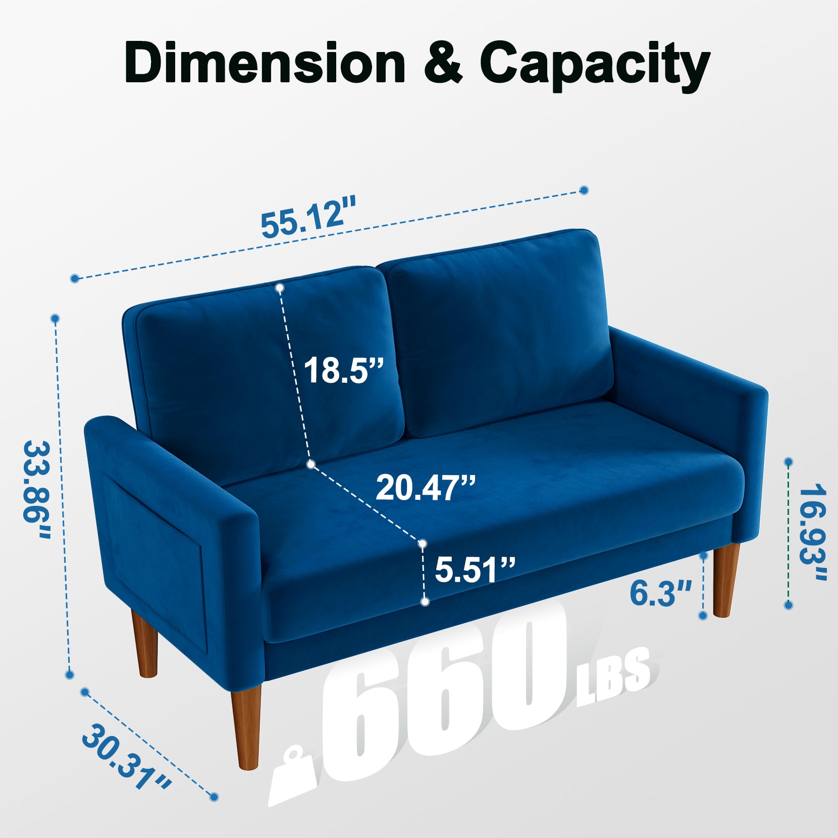 Koorlian Loveseat Sofa, 55" Small Sofa Couch Mid Century Modern Velvet Couch for Small Spaces, Bedroom and Living Room, Removable Sofa Cover Spring Cushions and Solid Wood Frame, Easy to Install, Blue