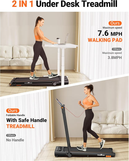 THERUN 2.5HP Treadmill 2 in 1 Under Desk Walking Pad Treadmill