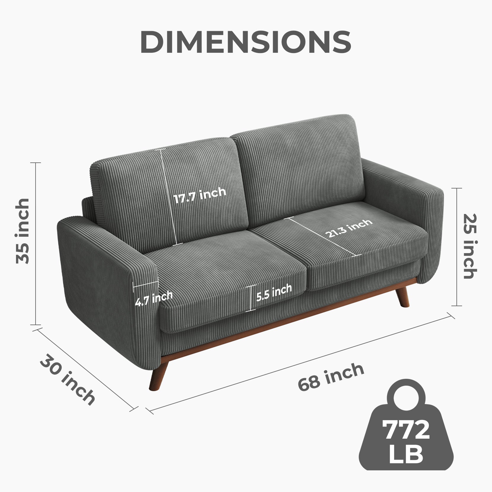 Koorlian 68" Loveseat Sofa Dark Grey, Comfy Corduroy Couch with Spring Cushion, Sofa Couch with Solid Wood, Modern Couch with Extra Deep Seat, Sofa for Bedroom, Loveseat for Living Room, Office Couch