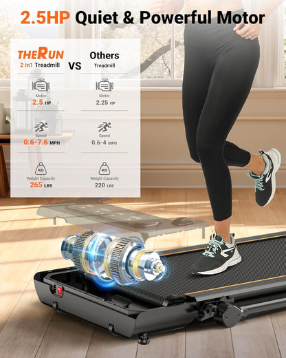 THERUN 2.5HP Treadmill 2 in 1 Under Desk Walking Pad Treadmill