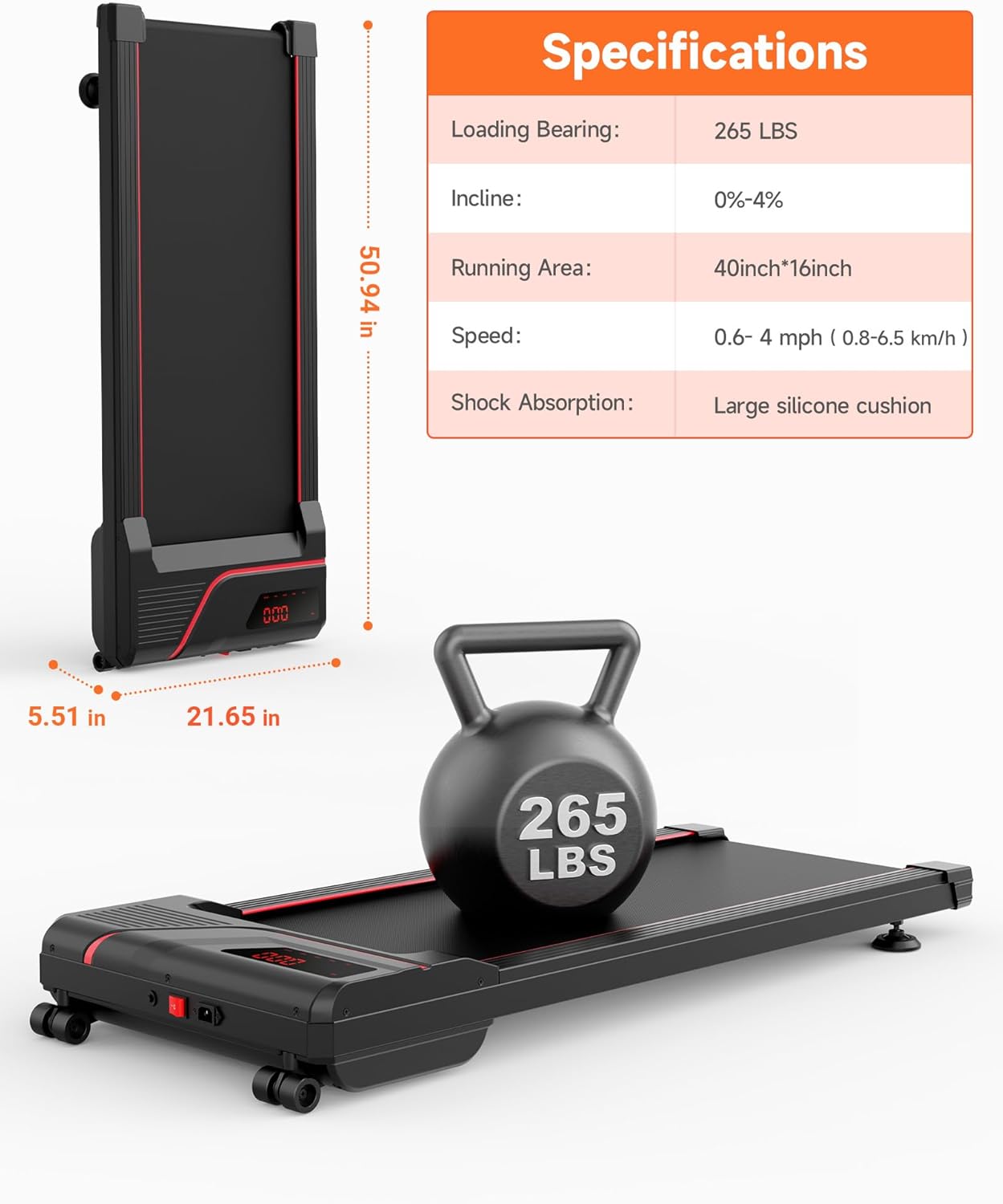 Walking Pad Treadmill Under Desk, Portable Mini Treadmill for Home/Office, Walking Pad Treadmill 2.5HP, Walking Jogging Machine with 265 lbs Weight Capacity Remote Control LED Display