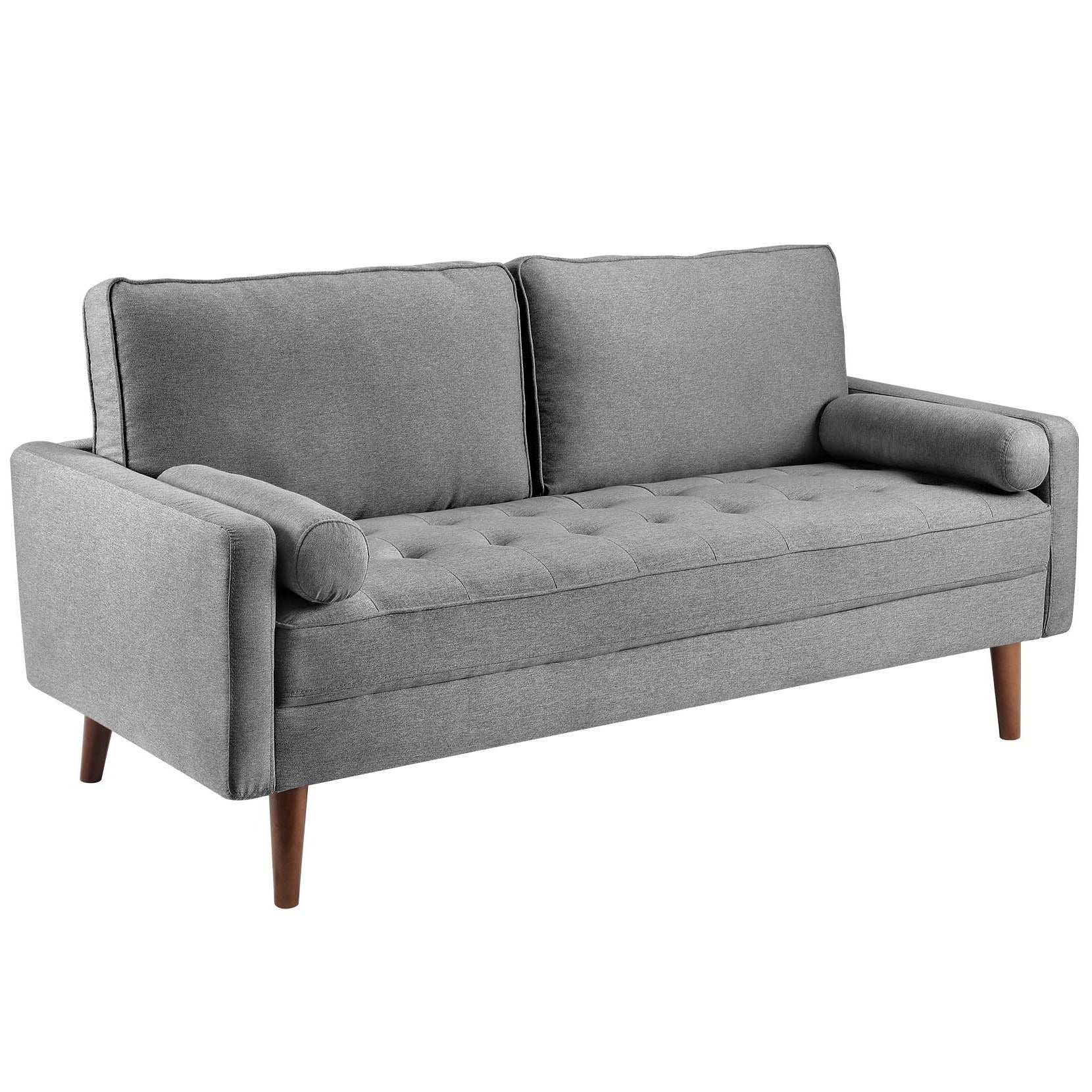 Koorlian Small Sofa Couch, 2 Seater Fabric Loveseat, Mid Century Modern Couches for Living Room, Button Tufted Seat Cushion, Square Armrest, 2 Throw Pillows, Fit for Small Spaces, Dorm, Apart, Grey