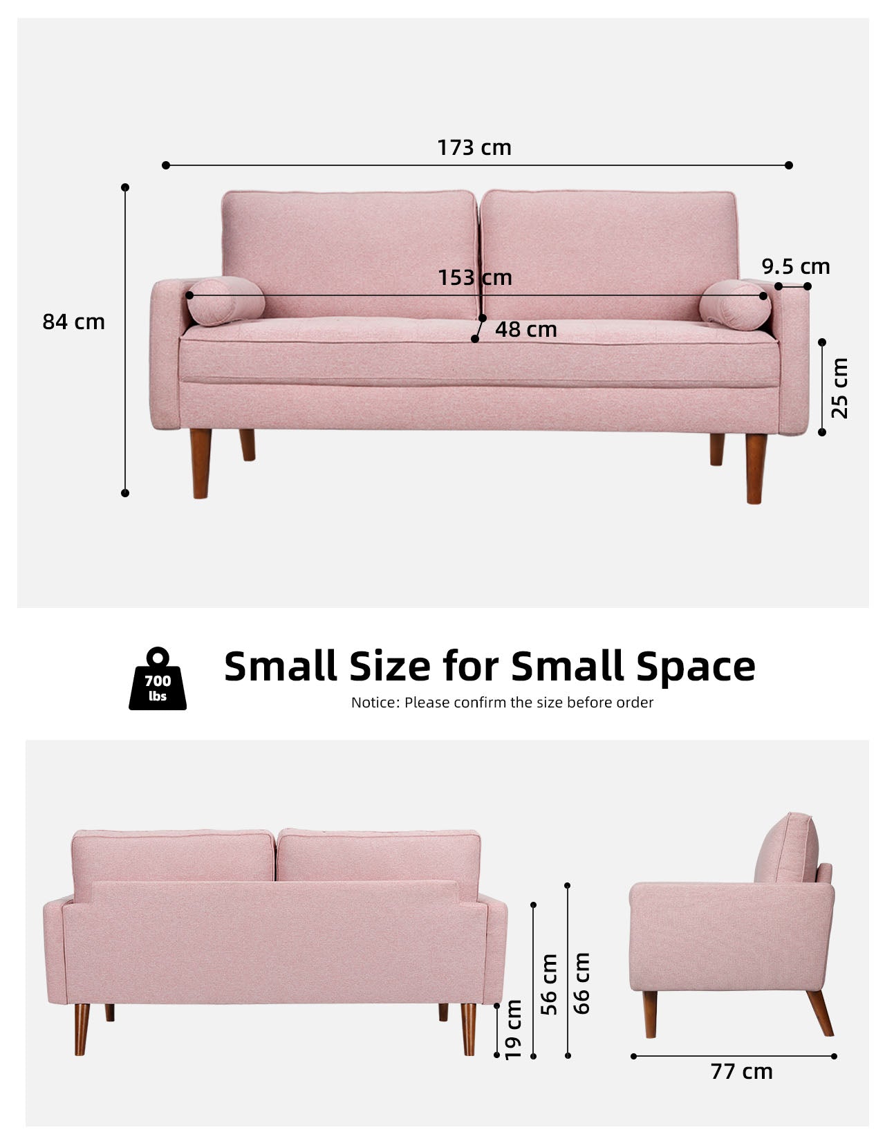 Koorlian Small Sofa Couch, 2 Seater Fabric Loveseat, Mid Century Modern Couches for Living Room, Button Tufted Seat Cushion, Square Armrest, 2 Throw Pillows, Fit for Small Spaces, Dorm, Apart, Pink