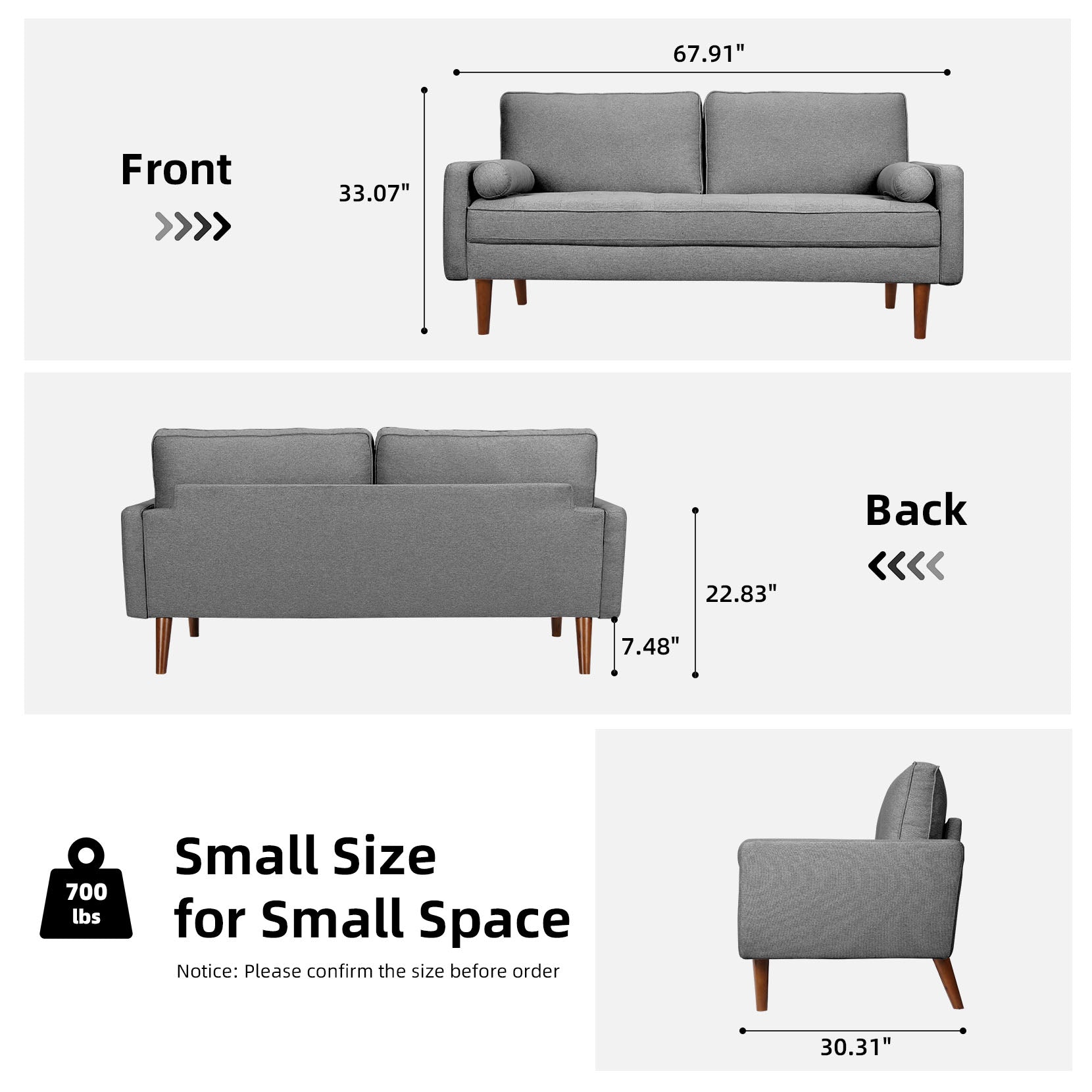 Koorlian Small Sofa Couch, 2 Seater Fabric Loveseat, Mid Century Modern Couches for Living Room, Button Tufted Seat Cushion, Square Armrest, 2 Throw Pillows, Fit for Small Spaces, Dorm, Apart, Grey