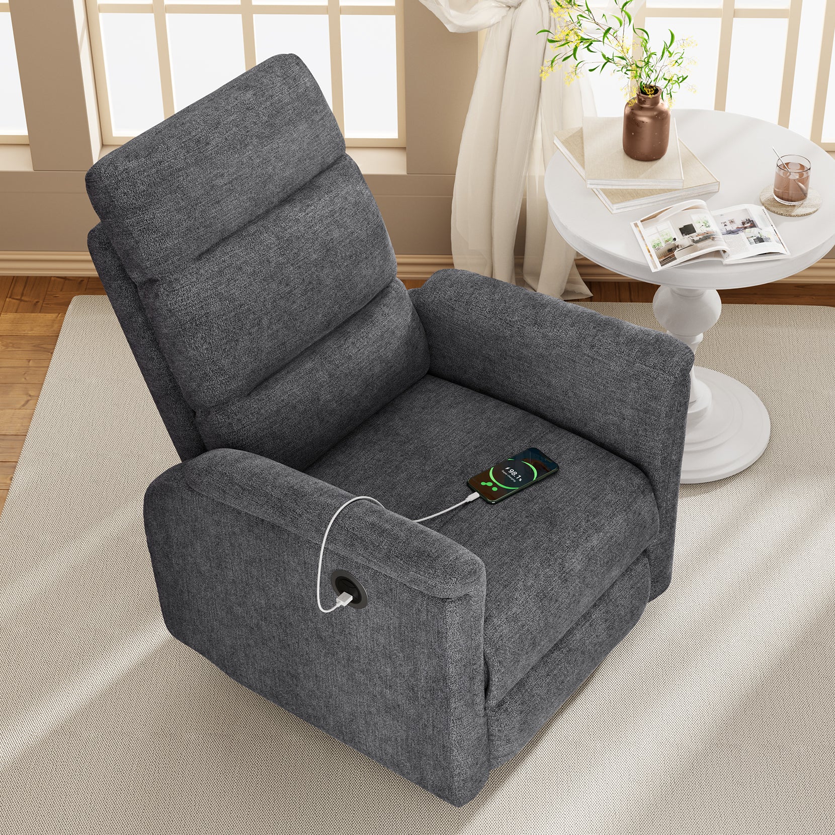 Koorlian Power Recliner Chair, Electric Fabric Recliner with USB Port, Adjustable Living Room Reclining Sofa, Single Home Theater Recliner, Dark Grey