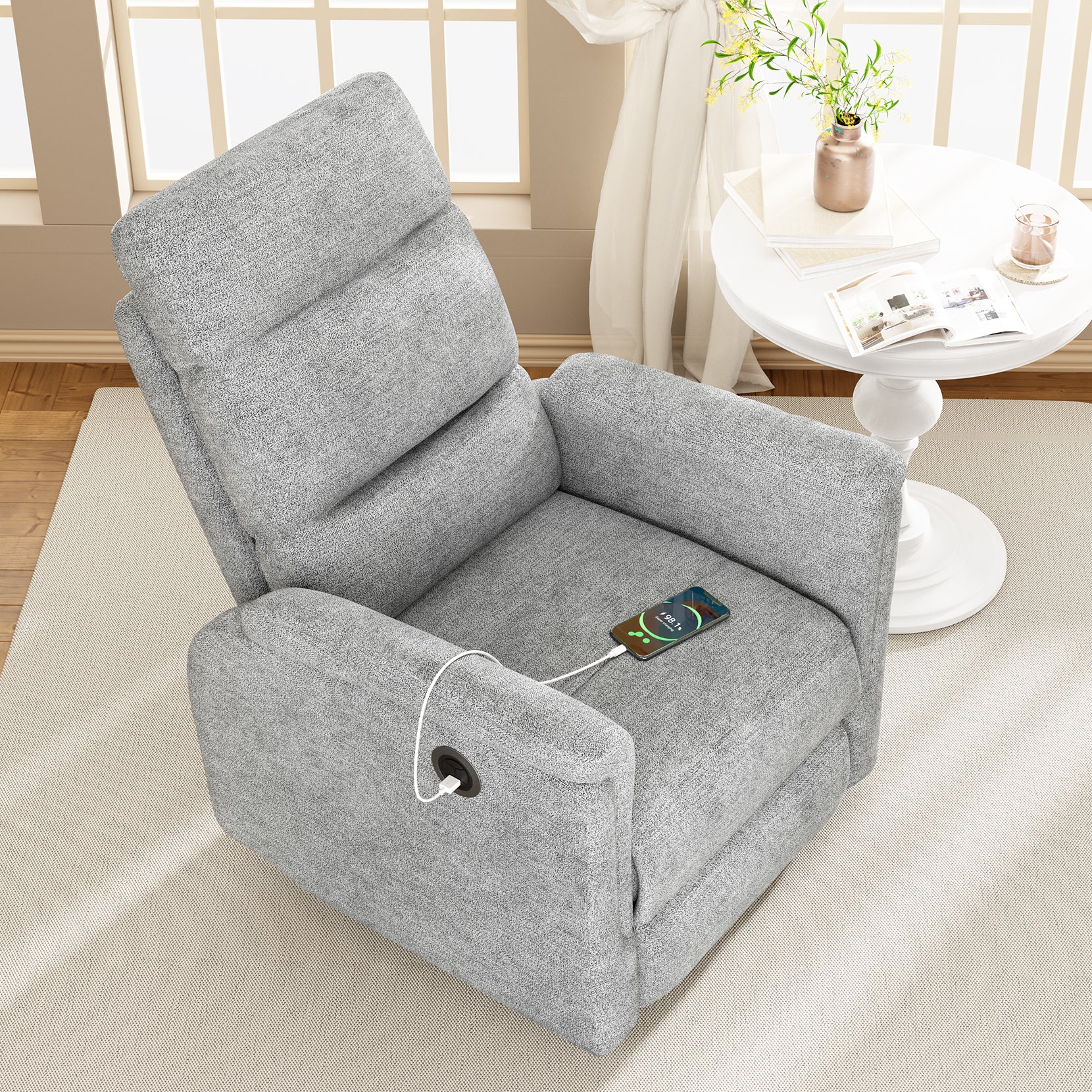 Koorlian Power Recliner Chair, Electric Fabric Recliner with USB Port, Adjustable Living Room Reclining Sofa, Single Home Theater Recliner, Light Grey