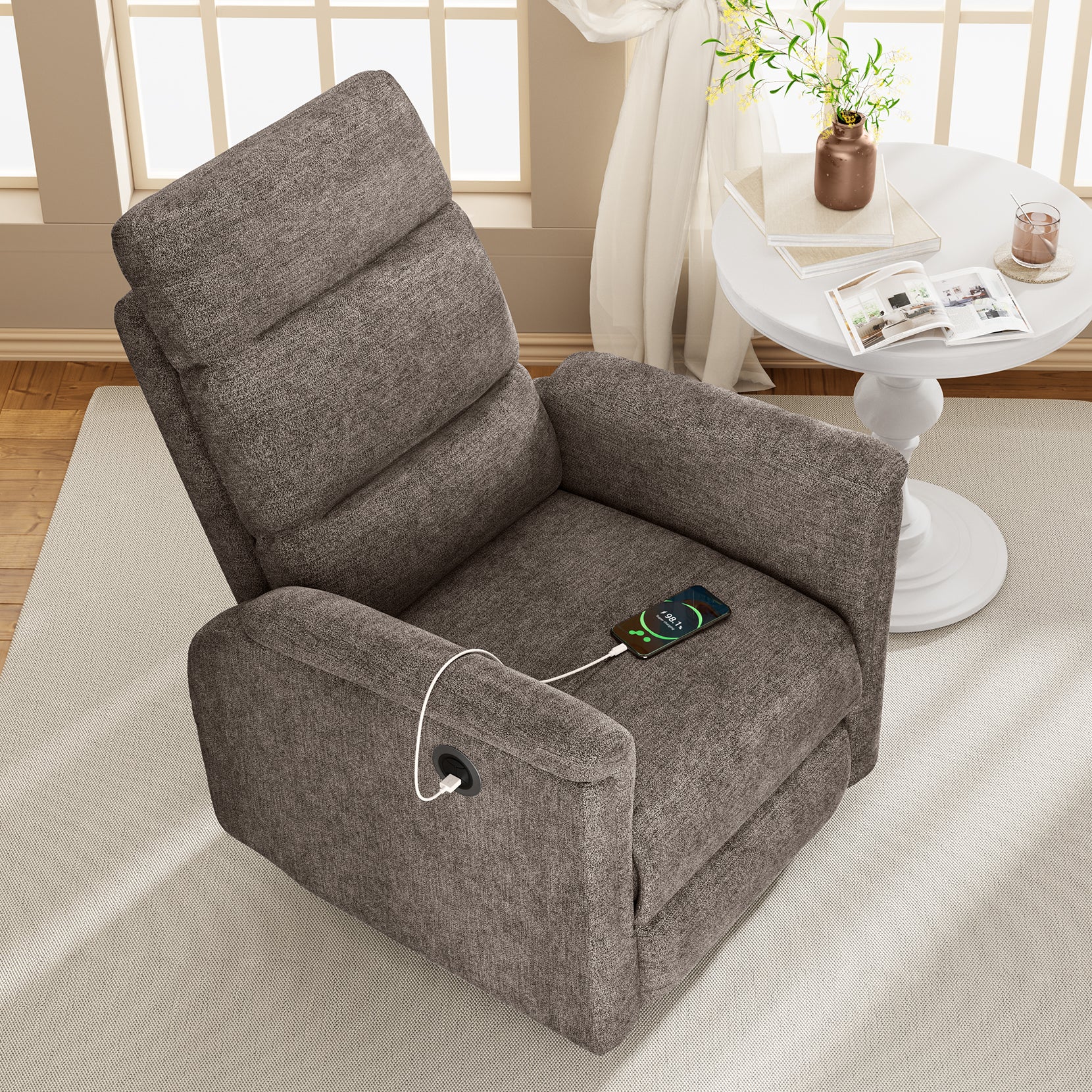 Koorlian Power Recliner Chair, Electric Fabric Recliner with USB Ports, Adjustable Reclining Sofa for Living Room with Padded Seat Backrest, Single Small Home Theater Recliner for Adults, Brown