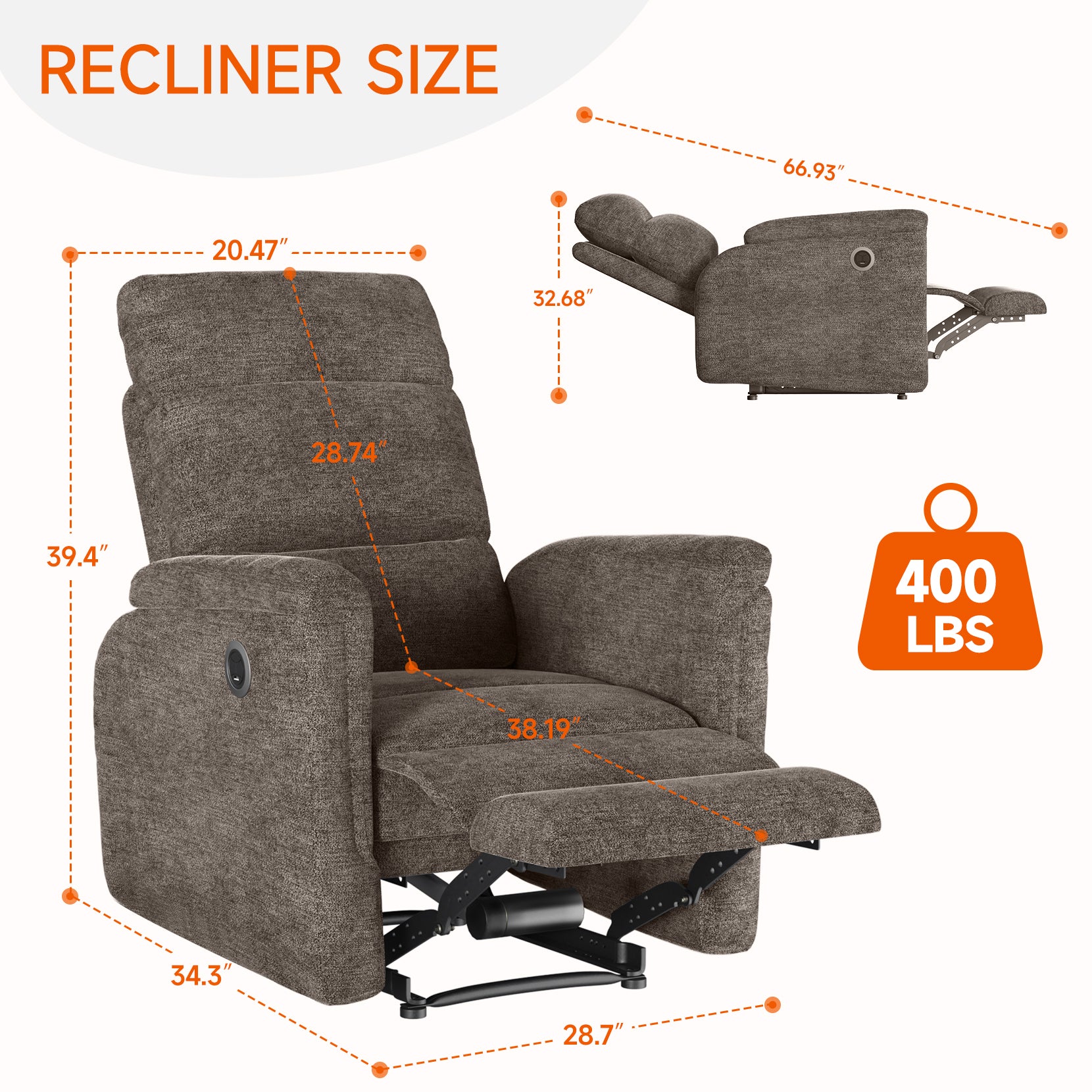 Koorlian Power Recliner Chair, Electric Fabric Recliner with USB Ports, Adjustable Reclining Sofa for Living Room with Padded Seat Backrest, Single Small Home Theater Recliner for Adults, Brown